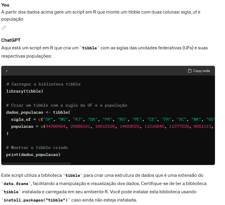 Aquele momento em que o chatGPT te ajuda a montar um dataframe com os dados de população do IBGE. Você nem precisa fazer o download dos dados e em seguida o upload para a IA. Bom demais esse apoio para resolver um corno job.

chat.openai.com/share/87368cb9…