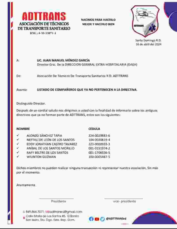 adttransRD's tweet photo. Queremos compartir esta información que ya estos compañeros ya no pertenecen a la directiva de ADTTRANS asociación de tecnicos de transporte sanitario https://t.co/ca7fD87QCV