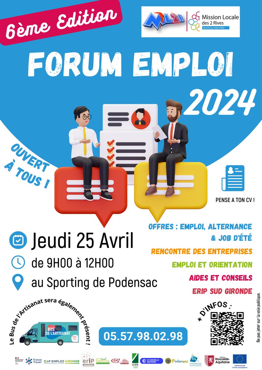 Le jeudi 25 avril se tiendra la 6ème édition du forum emploi de Podensac 🧑‍💻 Venez échanger avec les représentants de l'@AcBordeaux qui vous présenteront les métiers de l'Éducation nationale ! 🏛️ #emploipublic