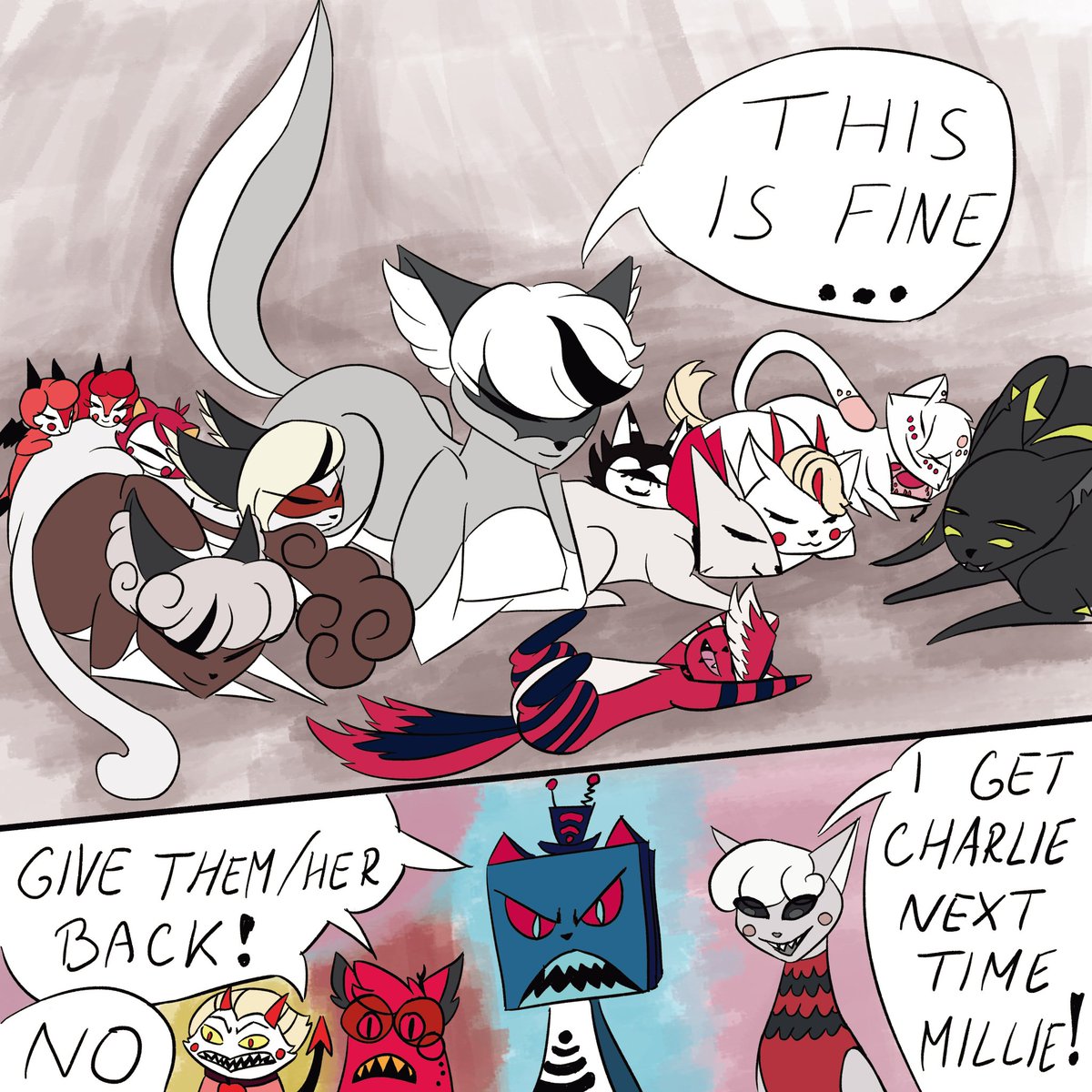 More momma carmilla shenanigans. 
This is the only time, those three get along.
#cats #hazbinhotel #carmillacarmine #funny #art #fanart #cute #vox #CursedCatAlastor #LuciferMorningstar #Adoption #lovely #zestial #rosie #charlie #vaggie #angeldust #zestial #niffty #Velvette