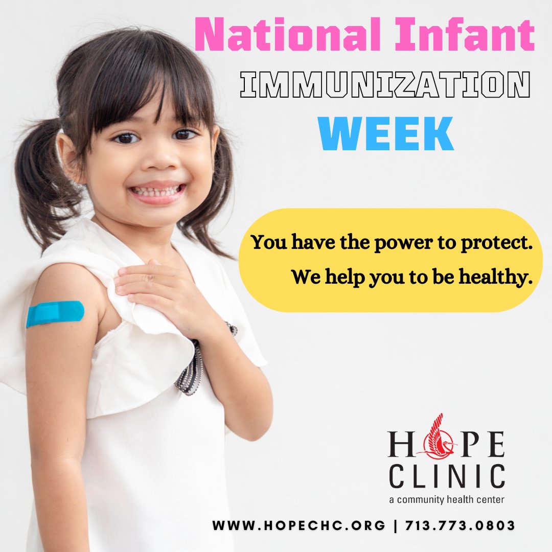 👶 Join us in celebrating National Infant Immunization Week! At HOPE Clinic, we prioritize the health and well-being of our little ones. 💉 WALK-IN or Schedule your appointment at any of our 5 convenient locations! 🏥 Call 713-773-0803 #HOPEClinic #VaccinesWork #HOPEClinic