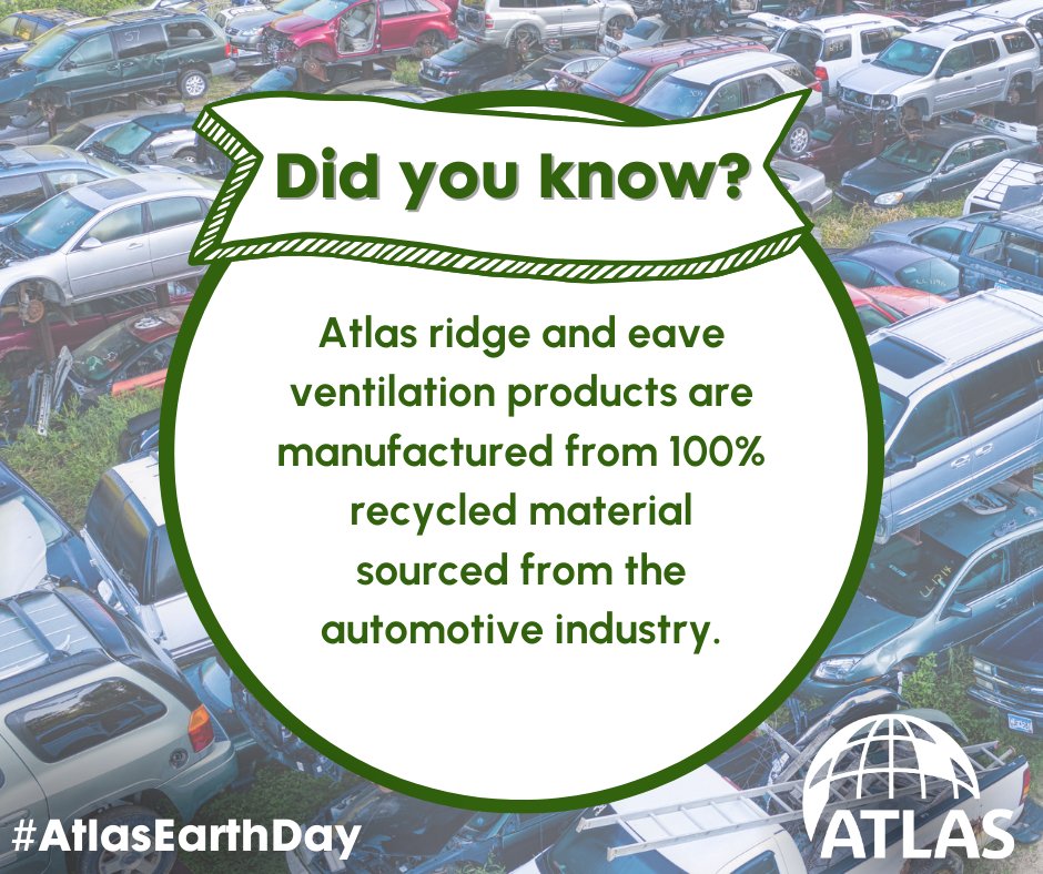Happy Earth Day! Celebrate with us this week as share quick facts about how you can feel good choosing Atlas Shingles this Earth Day! Did you know our ridge and eave ventilation products are made from recycled material from the automotive industry?