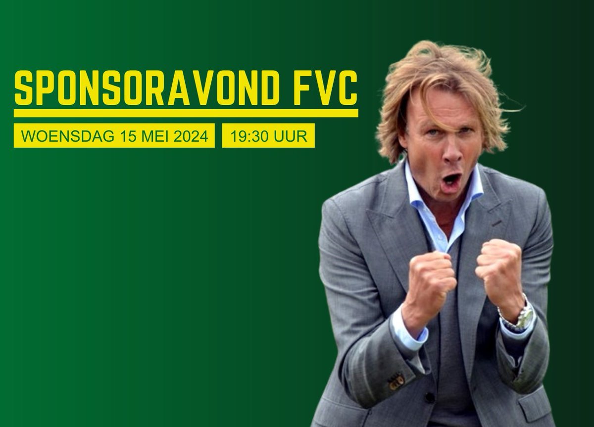 vv_FVC's tweet photo. Let op! Save the date!: Het gonsde al langer in de wandelgangen van FVC, maar nu kunnen we het dan ook écht bevestigen: op woensdagavond 15 mei 2024 verwelkomen wij graag al onze sponsoren en supervrijwilligers op ons sponsorevent met niemand minder dan… https://t.co/RhqVxGYT9F https://t.co/6aD1zeCGrm