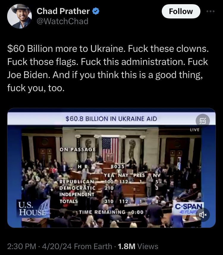 Hey @WatchChad, until you have some smoke for Donald Trump, your little temper tantrums don’t mean anything. Either call him out right now, or STFU and get in line with the new MAGA🇺🇦 agenda.