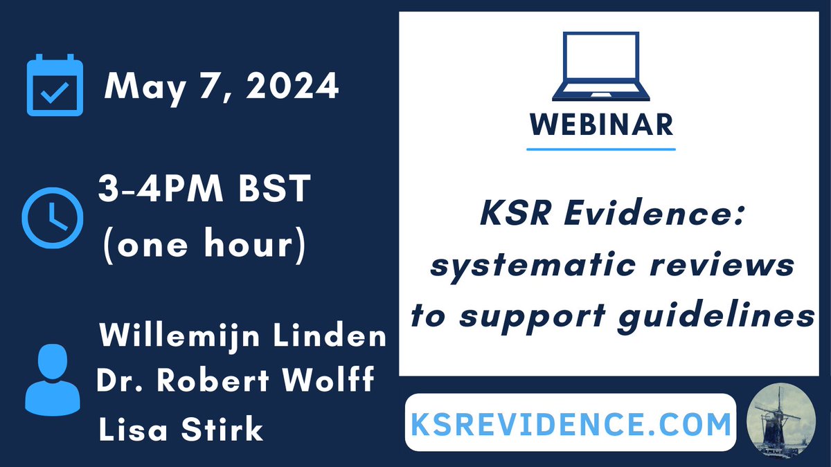 KSR Evidence (@ksrevidence) on Twitter photo Join us for a live #webinar on May 7th with speaker
<a href="/wolffrf/">Robert Wolff</a> to learn more about how <a href="/KSREvidence/">KSR Evidence</a> can support guidelines!
Register here: us02web.zoom.us/webinar/regist…
#evidence #systematicreviews Join us for a live #webinar on May 7th with speaker
<a href="/wolffrf/">Robert Wolff</a> to learn more about how <a href="/KSREvidence/">KSR Evidence</a> can support guidelines!
Register here: us02web.zoom.us/webinar/regist…
#evidence #systematicreviews