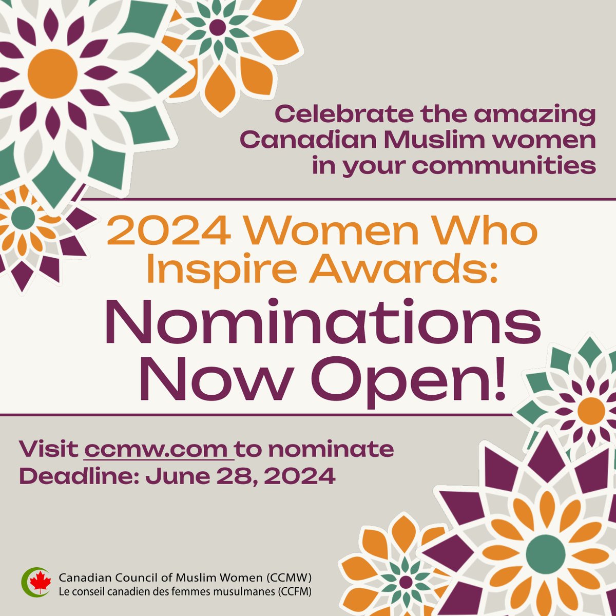 Nominations are now open for the 2024 Women Who Inspire Awards! Celebrate the amazing Canadian Muslim women in your communities. Submit your nomination by June 28th here: form.jotform.com/241084715368258 #wwi2024 #canadian #muslimwomen #awards