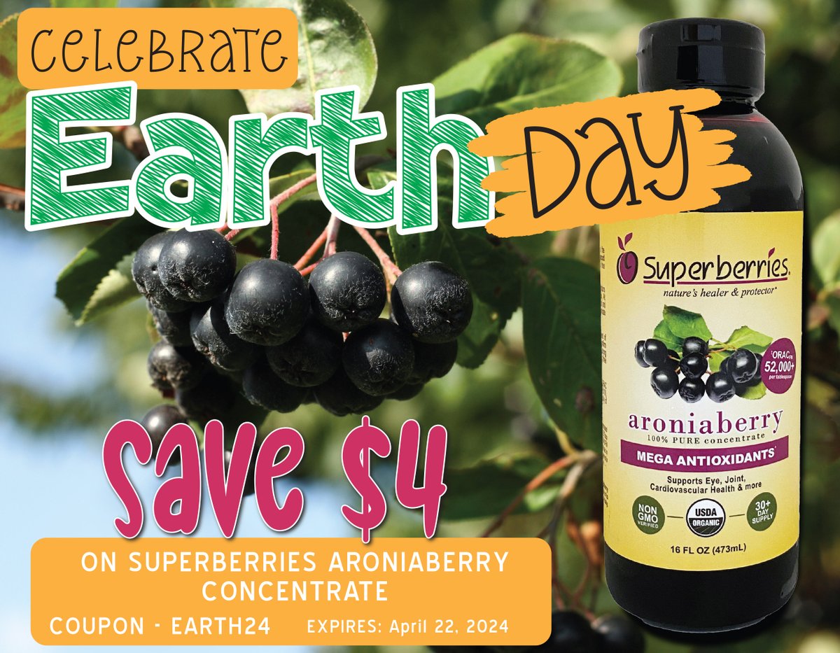 Happy Earth Day. CELEBRATE Nature's Best Berry, the Aroniaberry. Save $4 on each 16 oz. bottle of Aronia Concentrate with Code EARTH24 on superberries.com #Superberries #Aroniaberries are one of Mother Nature's finest creations. Our purple berry tops the antioxidant charts