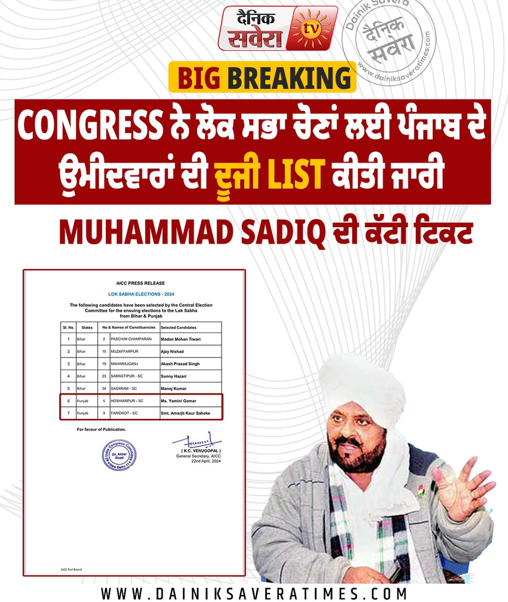 Big Breaking: Congress ਨੇ ਲੋਕ ਸਭਾ ਚੋਣਾਂ ਲਈ ਪੰਜਾਬ ਦੇ ਉਮੀਦਵਾਰਾਂ ਦੀ ਦੂਜੀ List ਕੀਤੀ ਜਾਰੀ, Muhammad Sadiq ਦੀ ਕੱਟੀ ਟਿਕਟ #conngress #loksabha #elections #punjab #candidate #list #dainiksavera