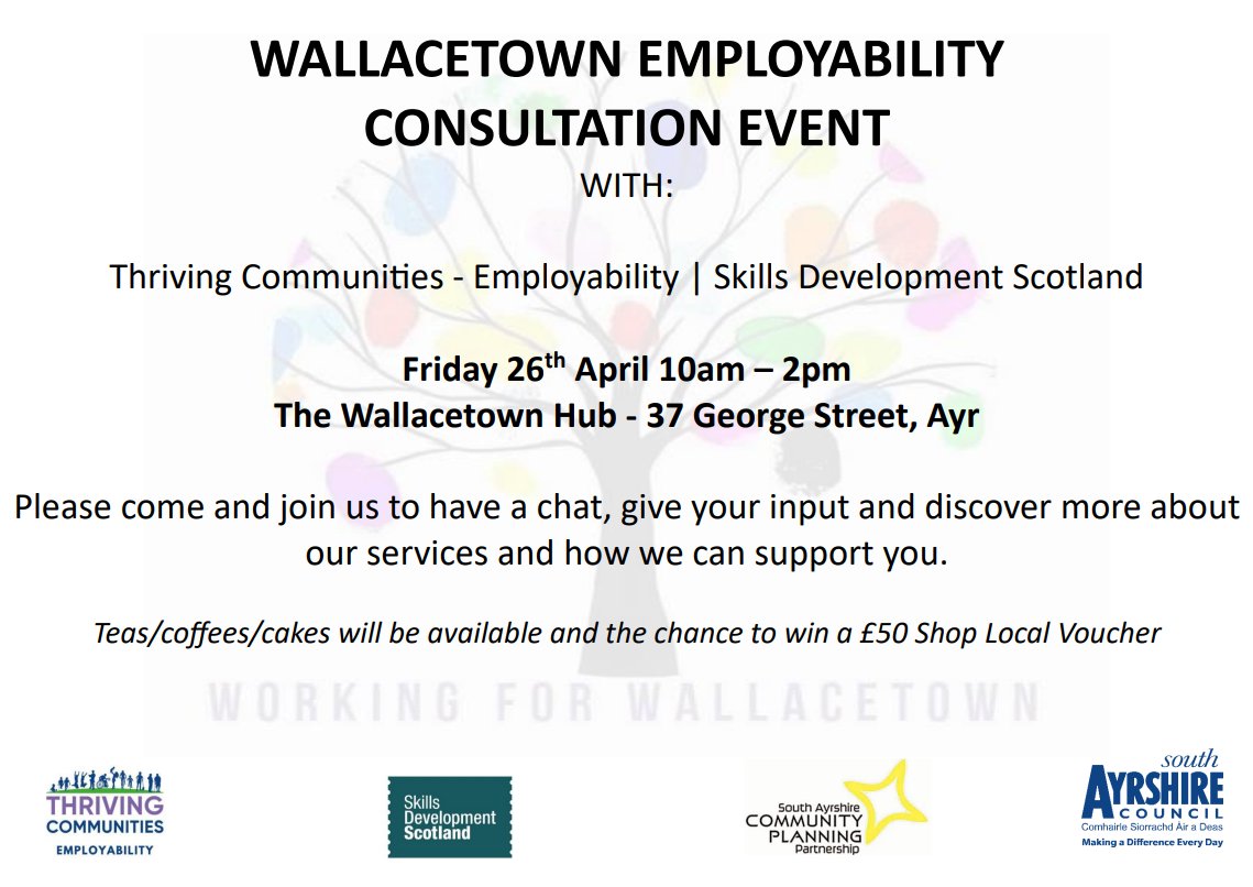 WALLACETOWN EMPLOYABILITY CONSULTATION

📍 Come along to our George Street Hub on Friday 26th April to share you views and chat with our team.

⏲️ Doors will be open from 10am - 2pm

👇 Details below