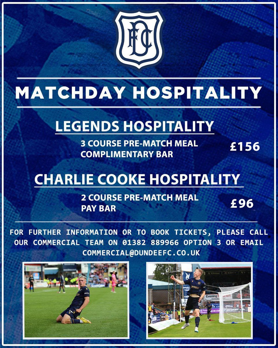 You can now purchase Dundee FC Hospitality online! The Legends and Cooke Packages are available to purchase for our upcoming matches against St Mirren on 4th May and Kilmarnock on 18th May. Book the Legends Package here: dundeefc.co.uk/commercial/hos… and click view package. Book the