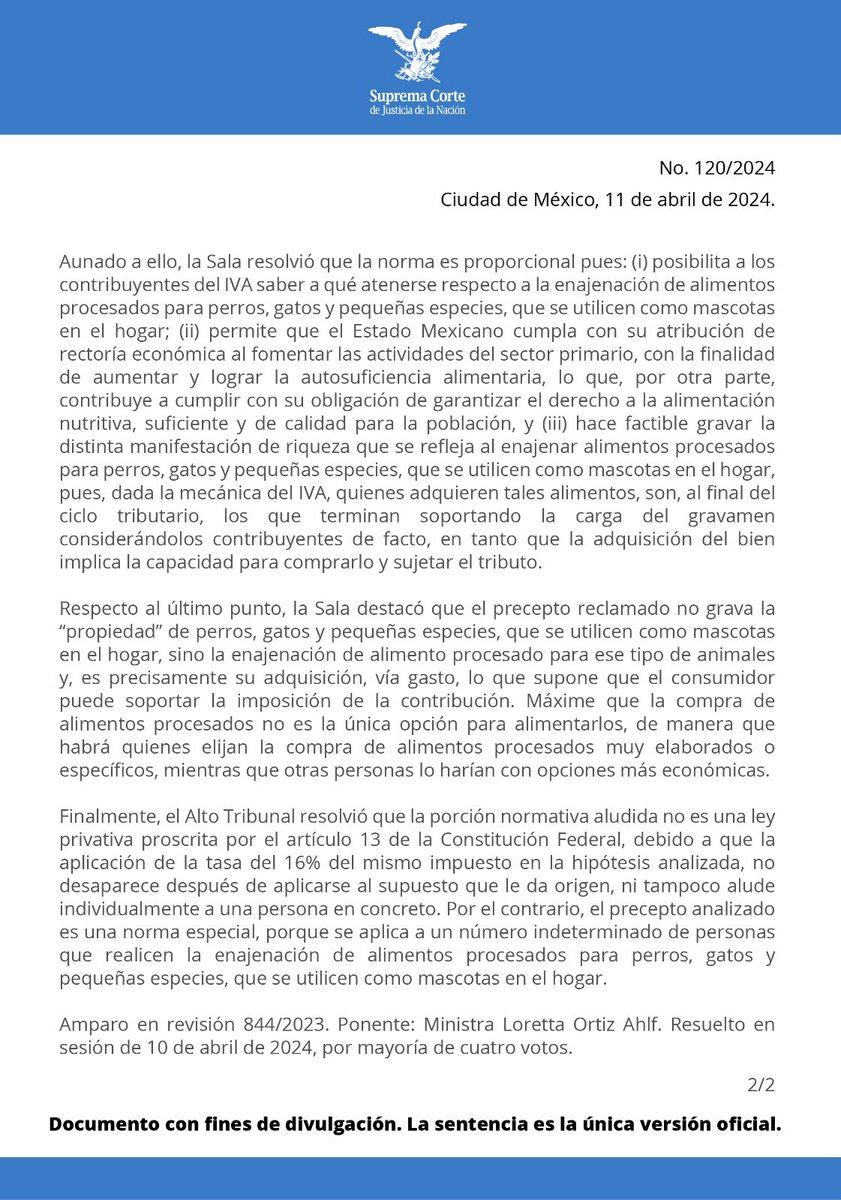 La #PrimeraSalaSCJN determinó que es constitucional el pago de IVA en alimentos procesados para perros, gatos y pequeñas especies utilizadas como #mascotas en el hogar.

bit.ly/3TWOC92