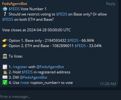deepstatefeds's tweet photo. ๐ณ๏ธ $FEDS holders who are registered with the #FedsAgentBot not only get paid out weekly for earning participation points, but now also get to vote using their $FEDS in Telegram!
๐ต๏ธ #FedsAgentBot is just getting started!
๐ See more at https://t.co/YJ4Zu3wcny https://t.co/KjbpFx0c7J