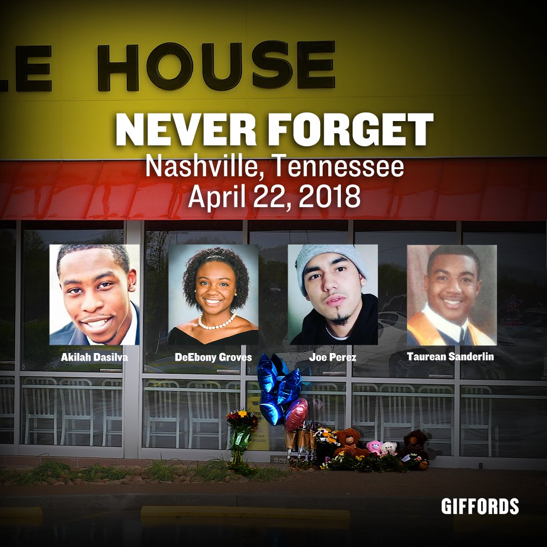 Six years ago today, a gunman killed four people and injured four others at a Waffle House in Nashville, Tennessee. The shooter was prohibited from having a gun, but our weak gun laws failed to stop him from getting one. Akilah, DeEbony, Joe, and Taurean should still be here.