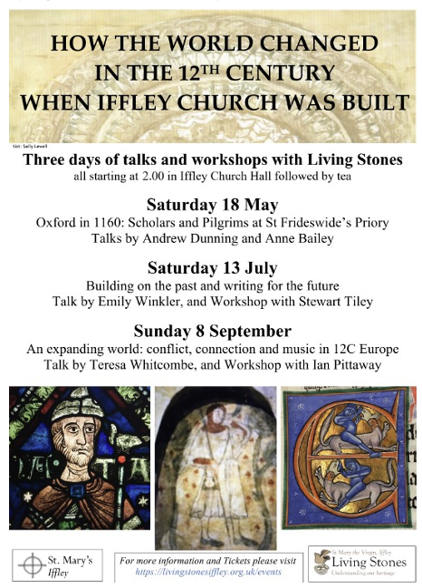 The Iffley Living Stones Seminars will consider how the world changes in the 12th century, with talks/workshops by @anjdunning, @AnneEBailey1, @TeresaWitcombe and others

📆 18 May, 13 July, 8 September
⌚️ 2pm
📌 @StMarysIffley 

More info and tickets at livingstonesiffley.org.uk/events