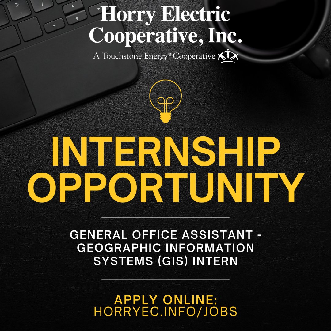 📢 INTERNSHIP OPPORTUNITY!

Horry Electric is looking for a student intern to assist in the Geographic Information systems (GIS) department. For more info, visit horryec.info/jobs. The deadline to apply is April 30. #InternshipOpportunity #GIS #LocalPeopleServingYou