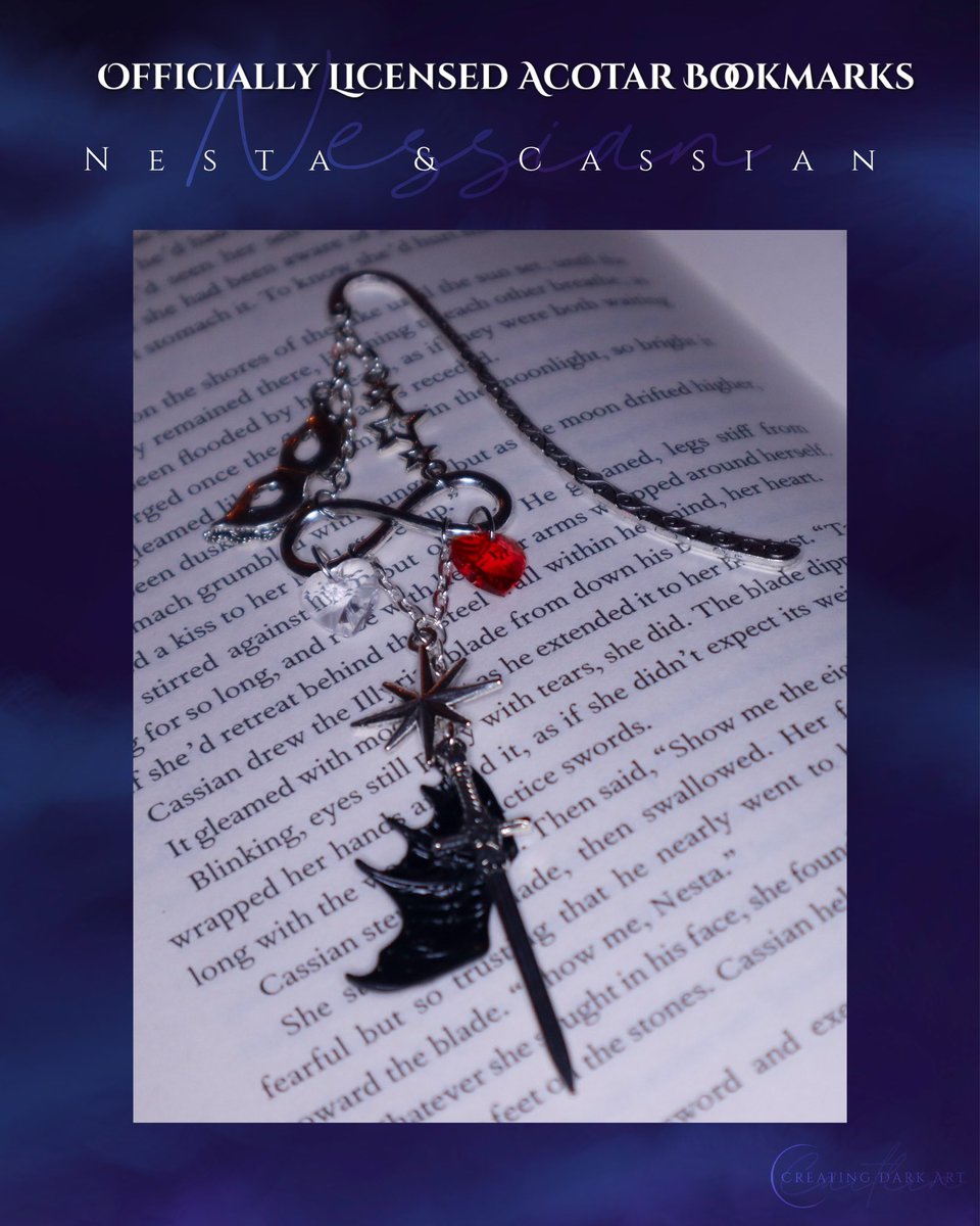creatingdarkart's tweet photo. I’m super excited to announce more charm bookmarks are coming your way! These bookmarks represent Nesta, Cassian and the ship Nessian. ❤️ I hope you love them as much as I do! 🤍They’re officially licensed and available in my Etsy shop! #Nessian https://t.co/GCpiunMZRW
