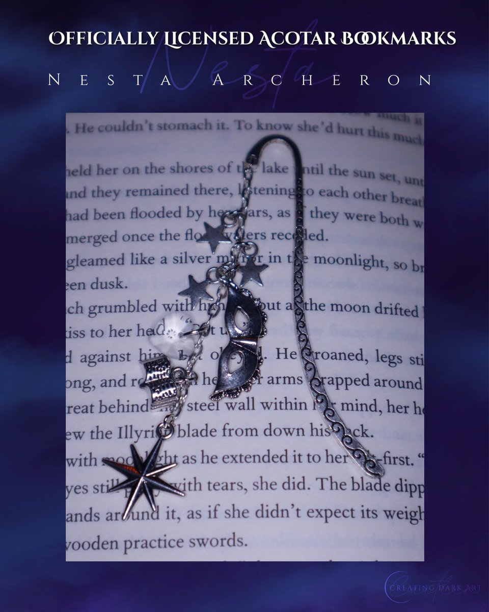 creatingdarkart's tweet photo. I’m super excited to announce more charm bookmarks are coming your way! These bookmarks represent Nesta, Cassian and the ship Nessian. ❤️ I hope you love them as much as I do! 🤍They’re officially licensed and available in my Etsy shop! #Nessian https://t.co/GCpiunMZRW