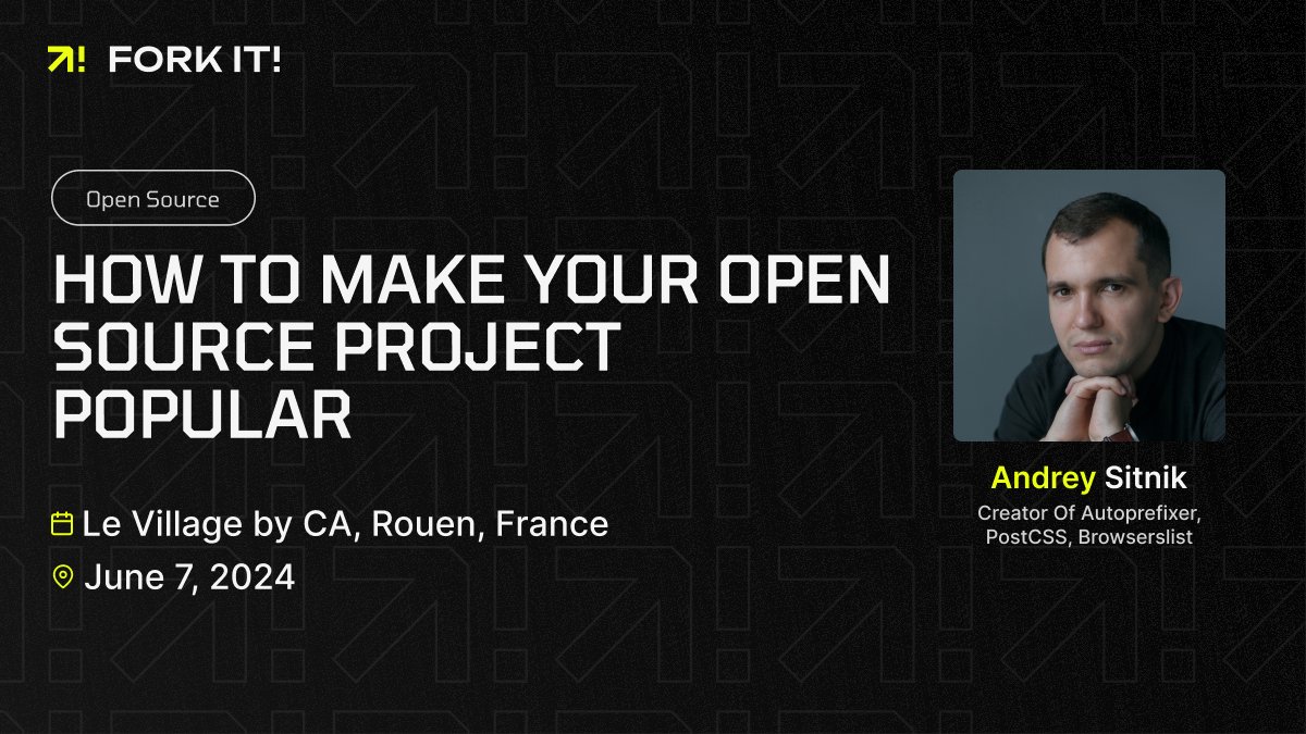 Want to make your Open Source project a hit? Join @sitnikcode's talk at #Forkit2024 🚀 📍 Le Village By Ca Rouen Vallée De Seine, Rouen (France) 🗓️ June 7, 2024 🔗 Ticket link in thread, don't miss out!