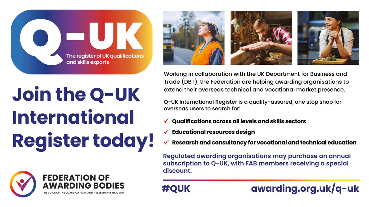 🔍 Q-UK International Register Join #QUK, as we build a comprehensive international database to promote your vocational and technical qualifications, products and services, available for export! 🌟 Exclusive offer for Federation members: Enjoy a special discount on your annual…