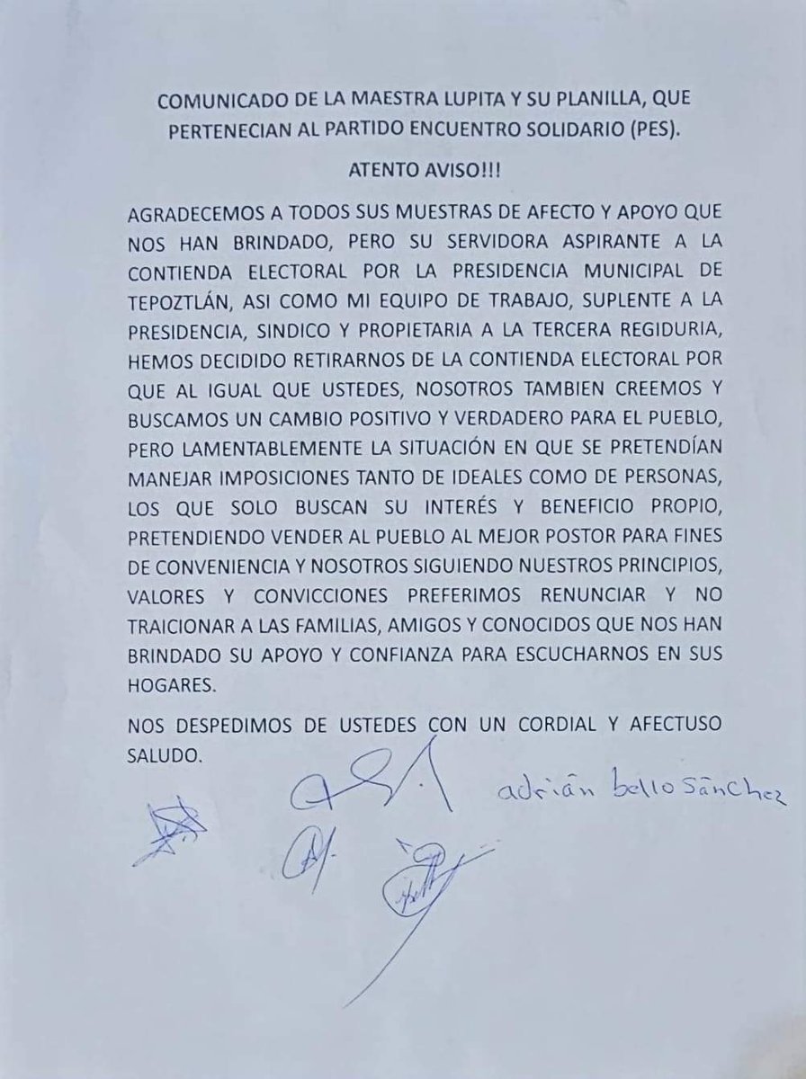 Se retira Guadalupe Demesa y su planilla de la contienda electoral en Tepoztlán, pretendía llegar a la presidencia municipal por él PES. Denunció imposiciones.