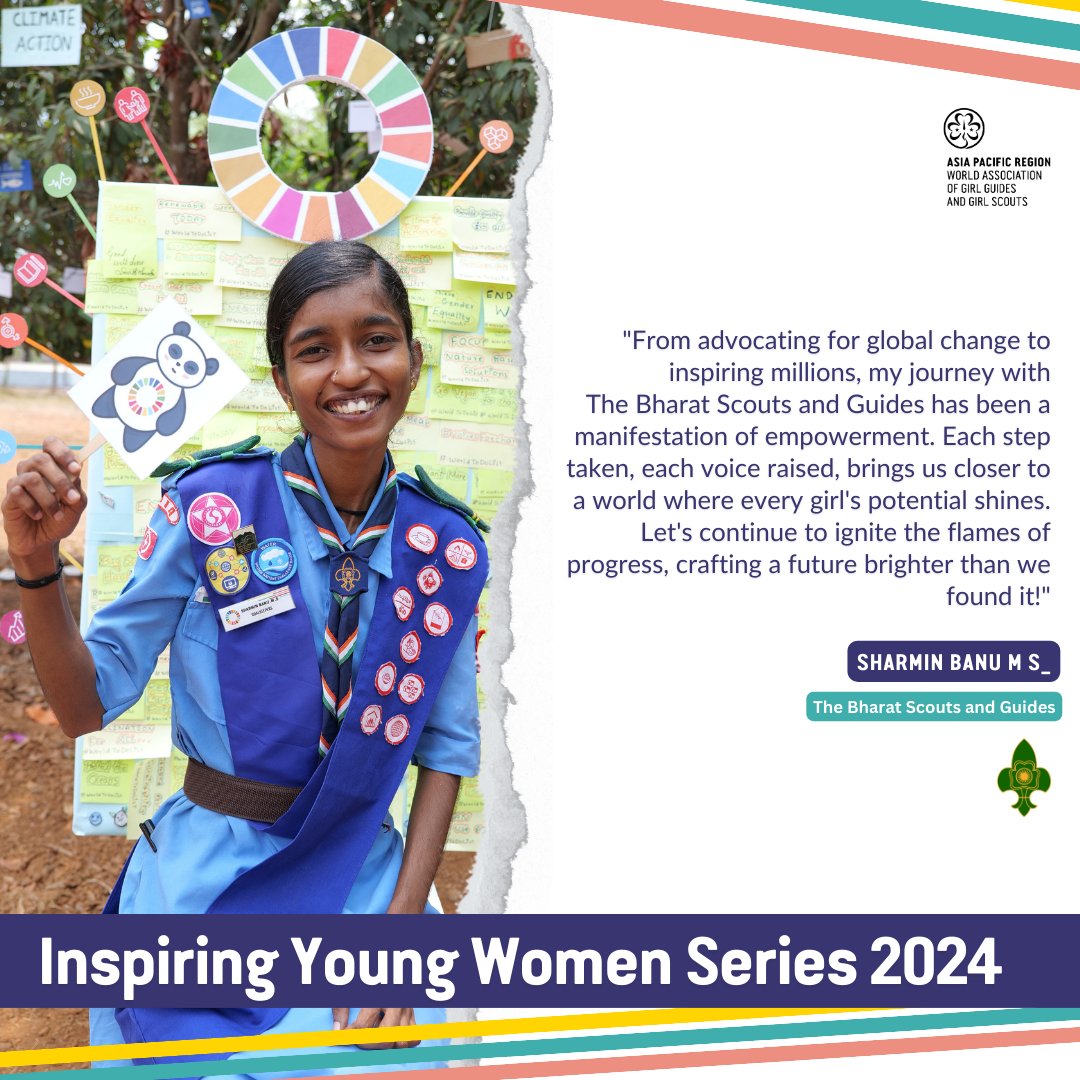 This week, we will be starting off with Sharmin Banu, from The Bharat Scouts and Guides.   

Sharmin's journey to becoming a WAGGGS Advocacy Champion with @bsgnhq was a manifestation of empowerment. 🗳️👧🏽

#InspiringYoungWomenSeries