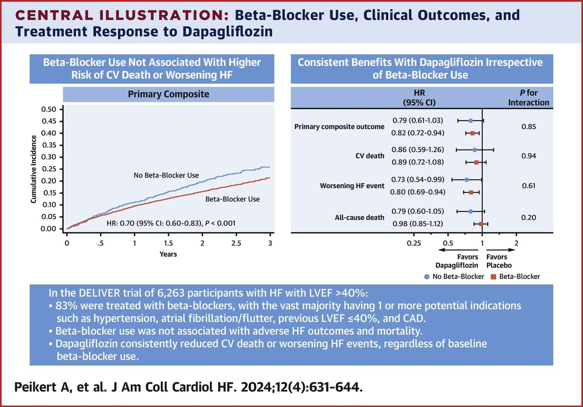 #BetaBlocker use in #HFpEF and #HFmrEF❓ In this month’s issue of #JACCHF, analysis of #DELIVER trial shows: ♥️ 4 out of 5 px were treated with #BB ♥️#BB use wasn't linked to #worseningHF or #CVdeath ♥️Benefits of #Dapagliflozin remained consistent regardless of #BB ➡️➡️…