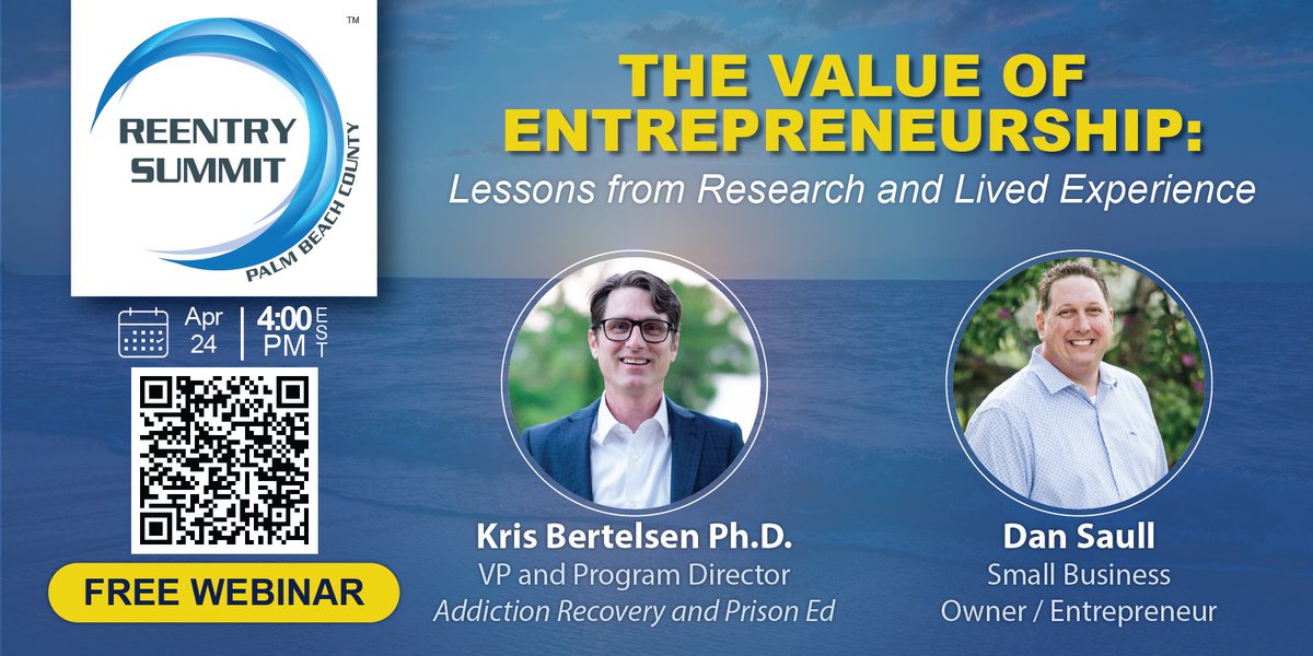 ReentrySummitPB's tweet photo. Join us this Wed., April 24 at 4 p.m. EST for a free webinar on the value of entrepreneurship and reentry. Scan the QR code or click here to register: https://t.co/DBkRjLFUqy. Please share with anyone who might be interested in this opportunity! https://t.co/hG9UpOi9lL