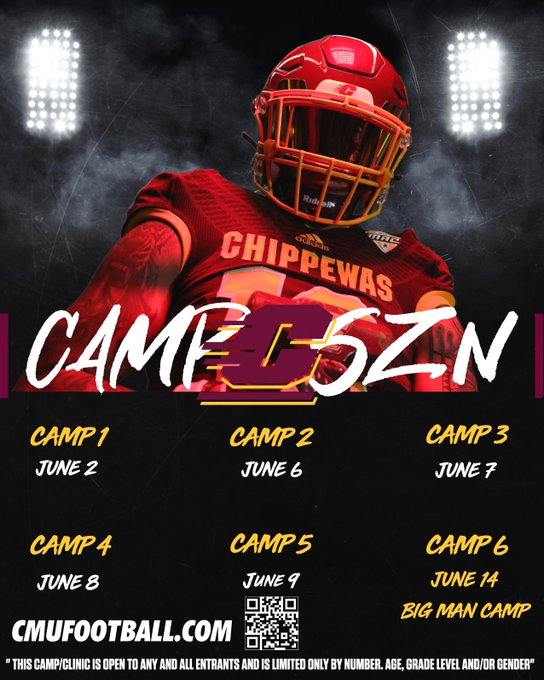Now that Spring Ball has concluded, all attention turns to the classes of 2025, 2026, and 2027. Step up, compete, and prove you're worthy of being one of the Chips! Use the discount code 'CMU' at checkout for 10% off. #FireUpChips 

cmufootball.com/camp-info
