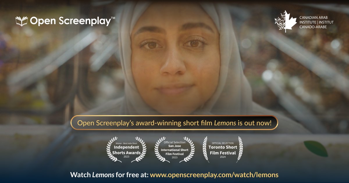 OpenScreenplay's tweet image. 🍋Lemons, the award-winning short film starring Nadin Risk, is now free on Open Screenplay! Huge thanks to our partners, The Canadian Arab Institute and Canadian Heritage, for their support. We can&apos;t wait to hear your thoughts! 🎥✨bit.ly/49NDOQF