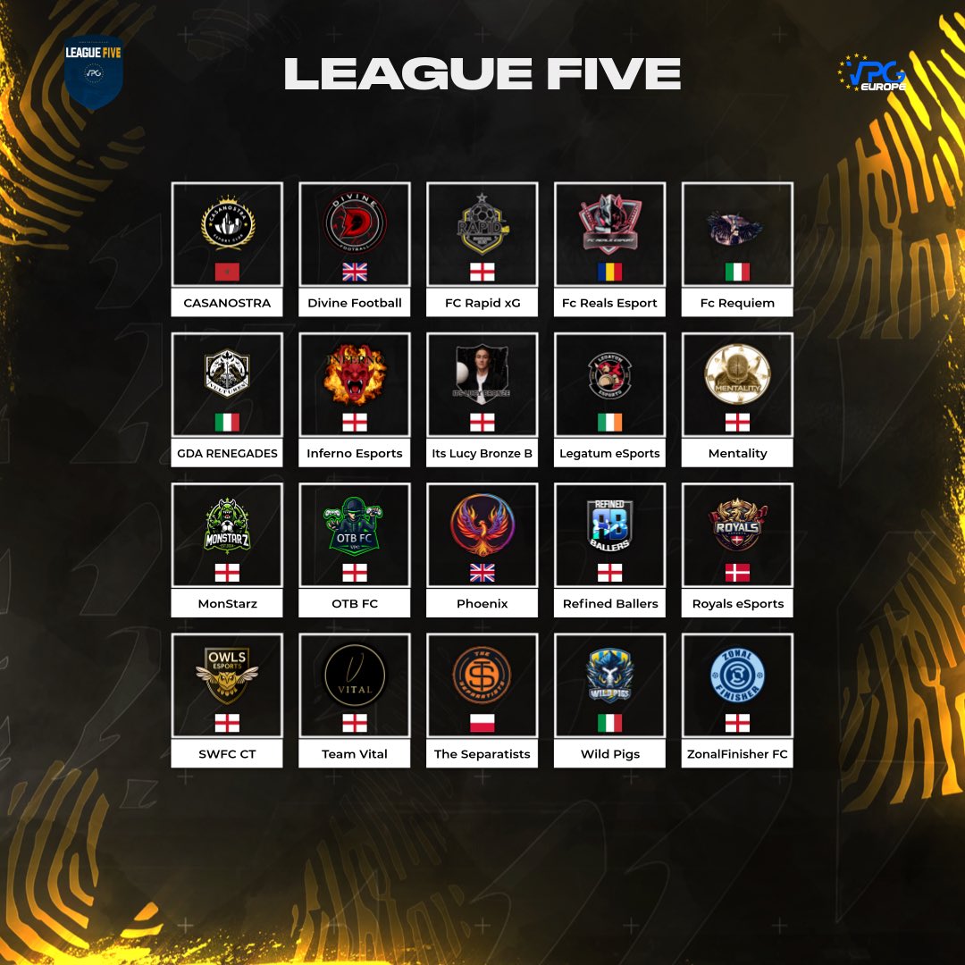 🙌 We are proud to announce the new season of <a href="/VPGEurope/">Virtual Pro Gaming | Europe</a> 🇪🇺

🏆 League Five 

❤️ Best of luck to all the teams in competition. 

<a href="/REFINEDBALLERS/">REFINED BALLERS</a> 
<a href="/VPGInfernoES/">Inferno E-Sports</a>
<a href="/OTBFCPROCLUBS/">OTB FC</a>
<a href="/RoyalsProClub/">RoyalseSports Proklub</a>
@itslucybronzefc
<a href="/ZonalFinisherFC/">ZonalFinisherFC</a>
@FC_Vital
<a href="/DivineFootballV/">DivineFootball</a>
@Mentality_VPG
<a href="/casanostra_cp/">CASANOSTRA</a>
