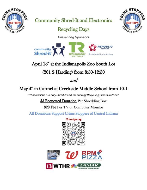 Our last Shred It Day of 2024 is coming up May 4th at Creekside Middle School from 10-1! Don’t miss out on a great opportunity to support a non-profit while recycling your papers, technology, and properly disposing of old prescription drugs! #crimestoppers #cicrimestoppers…