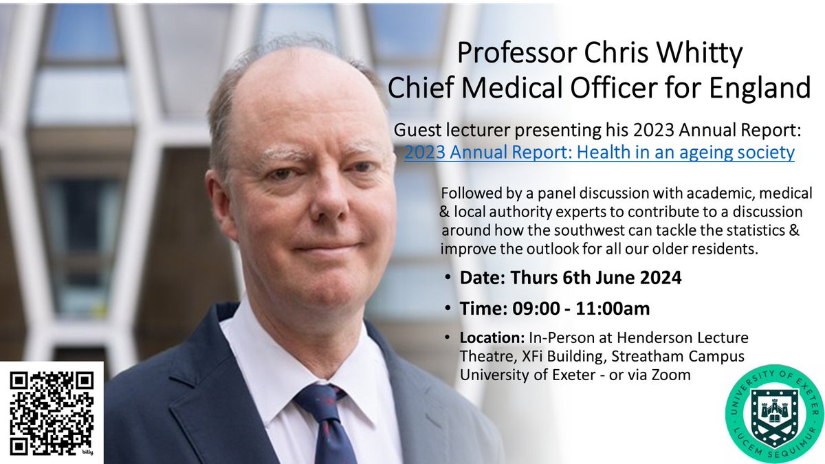 Join colleagues from regional public sector, community, & NHS organisations to hear from the Chief Medical Officer, Prof Chris Whitty, & a panel of academic, medical & local authority experts at this special @UniofExeter CPD Guest Lecture event. Book now👉bit.ly/49PtWFQ