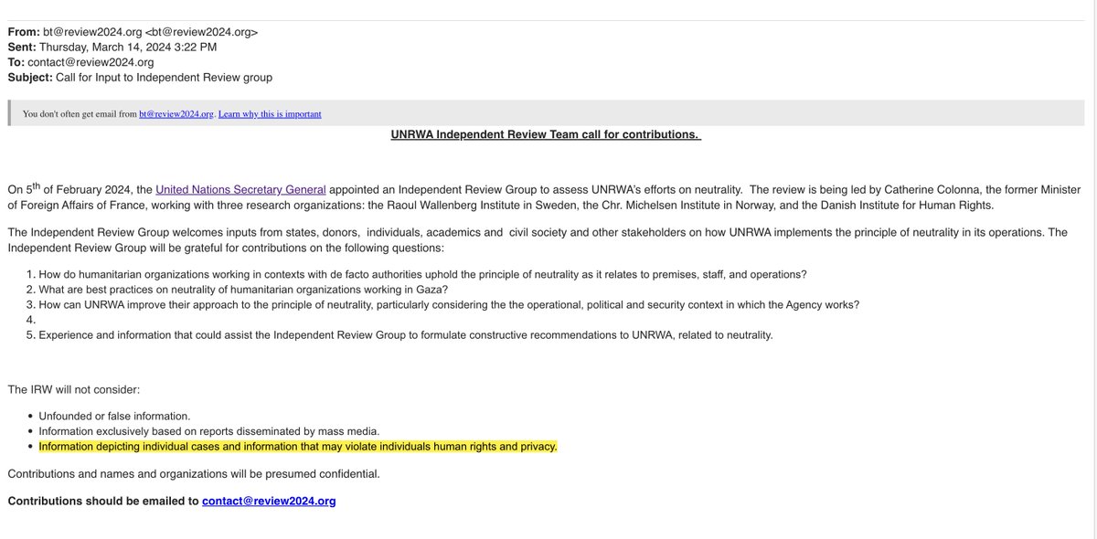 That's odd, because the Colonna probe told us we weren't allowed to send them any “information depicting individual cases” of Unrwa staff terrorist links. But we did anyway. We sent them everything. See here: unwatch.org/wp-content/upl… @julianborger They ignored it all.