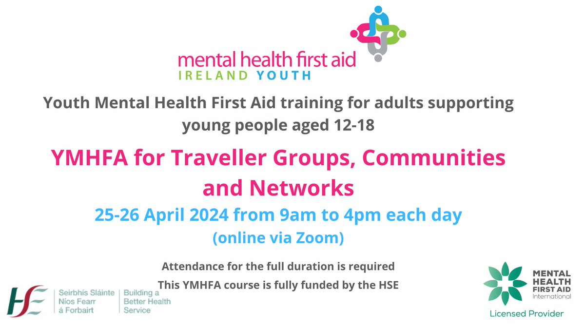 🌟A handful of places remain on this week's @HSELive-funded #YMHFA course specifically for #Traveller Groups, Communities and Networks across Ireland. 

👉If you would like to attend this training, please book directly through this booking link:  mhfaireland.ie/courses/3-yout…

#MHFA