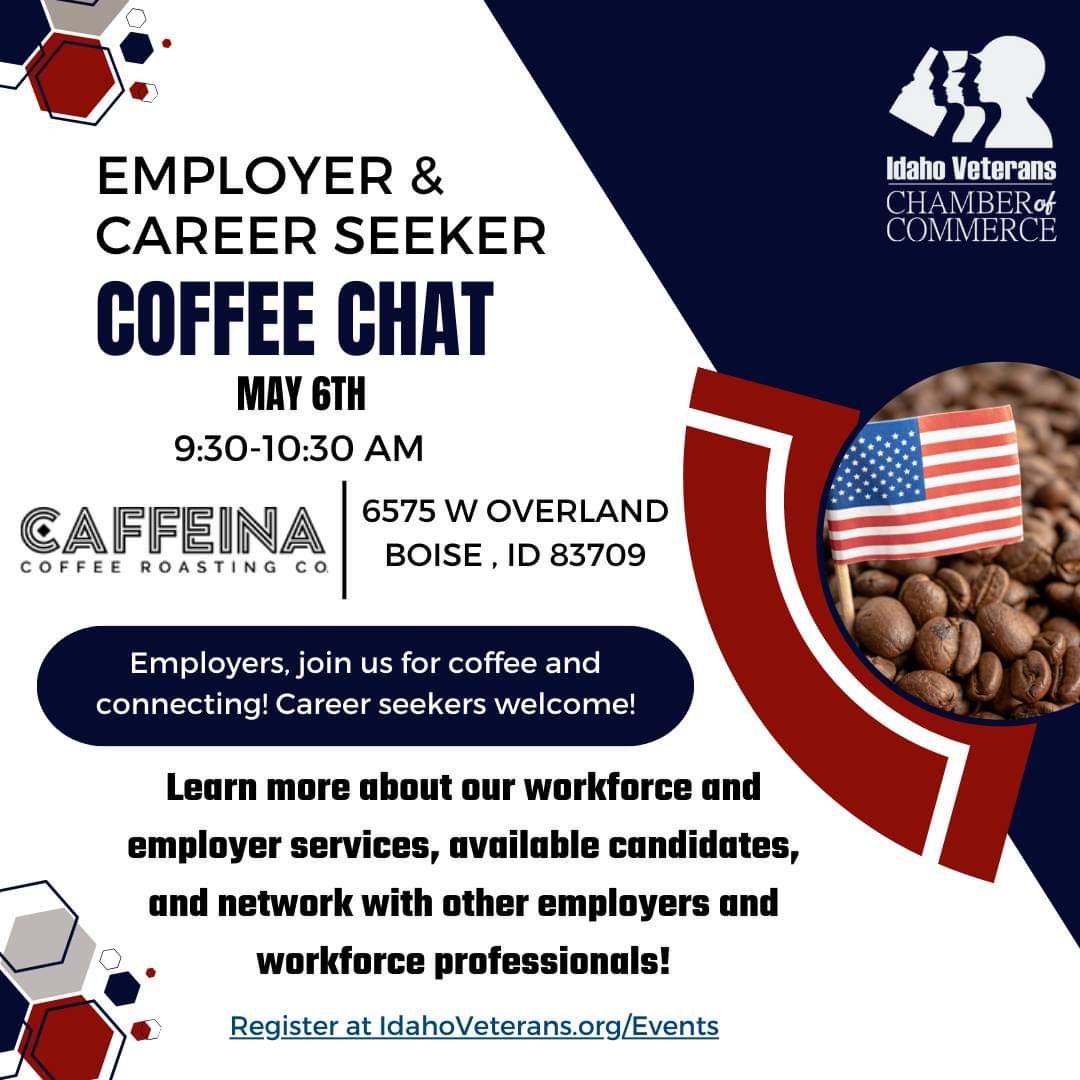 Employers, and HR professionals! If you are interested in how you can learn more about the veterans who are contacting us every day, 
you don't want to miss this! 
idahoveterans.org/events 

#coffeeortea #veterannetworking #veterancareers #veteranjobs #hiringnow #hiringveterans