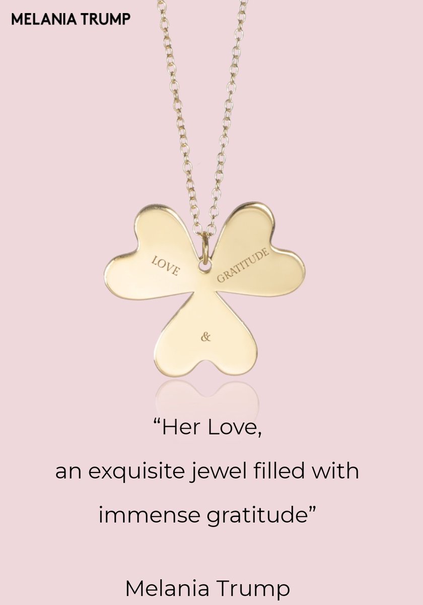 Melania Trump's latest grift is a $245.00 bargain-bin, broken shamrock necklace, for Mother's day, with the dumbest Mad-lib tag line: 'Her love, an exquisite jewel filled with immense gratitude.' 🤣