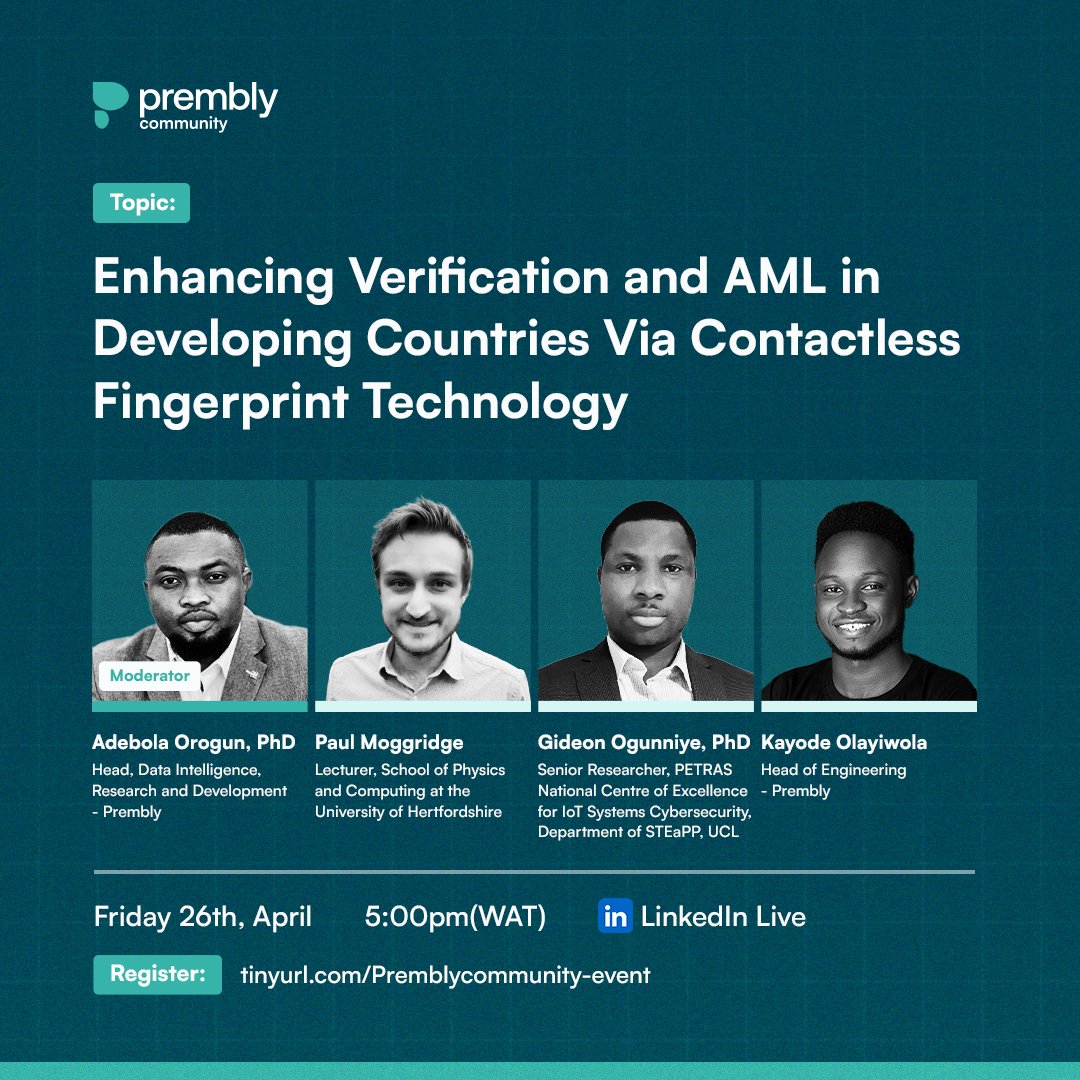 Webinar Alert!

Join us for an enlightening evening as we discuss the critical topic of Enhancing Verification Processes and Advancing Anti-Money Laundering Efforts in Developing Economies.

Our Speakers include: Paul Moggridg,  Gideon Ogunniye, Kayode Olayiwola

This event marks