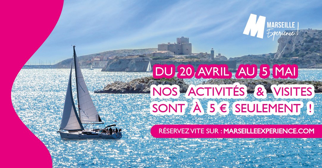 Derniers tickets à seulement 5 euros dans le cadre de nos Journées Marseille Expérience ! Jusqu’au 5 mai profitez de visites guidées, randonnées et bien d’autres en famille, entre amis ou en solo ! Réservez au plus vite : marseille-tourisme.com/experience/jou…