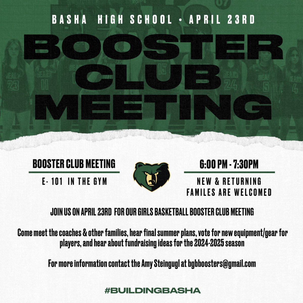 Tomorrow Night! Join us for our monthly booster club meeting. @BashaAthletics @bashabearnation