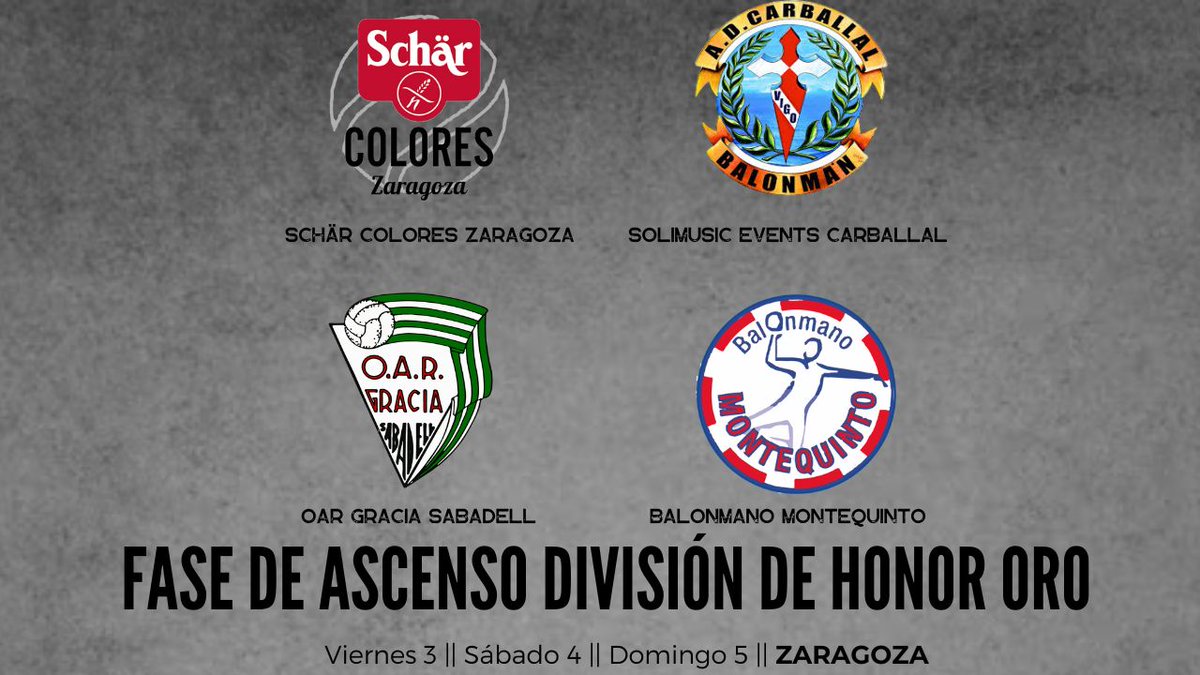OFICIAL || El Schär Colores #Zaragoza organizará la Fase de Ascenso a División de Honor Oro los días 3, 4 y 5 de mayo || <a href="/oargracia/">OAR Gràcia Sabadell</a> <a href="/BMMontequinto/">Helvetia Montequinto</a> #BmCarballal
-----------------------
balonmanocolores.es/schar-colores-…