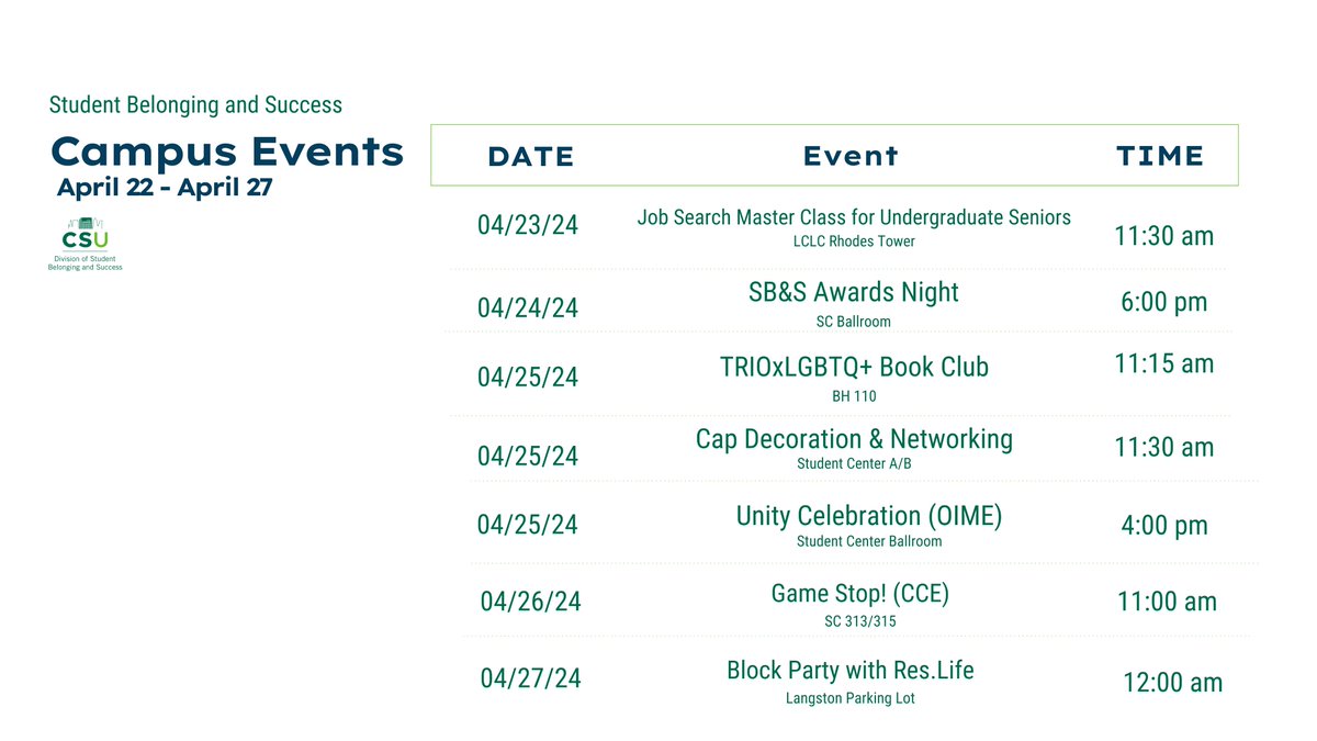 Be sure to check out these events this week on campus!

#CLEstate @CLE_State #WeAreCLEstate @CSULevinCollege