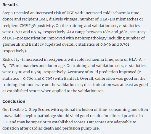 2-Step-Scores with optional nephropathology for the prediction of adverse outcomes for brain-dead donor kidneys in Eurotransplant 📖doi.org/10.1093/ndt/gf… 👉This should yield good results for clinical practice in Eurotransplant, and may be superior to established scores.