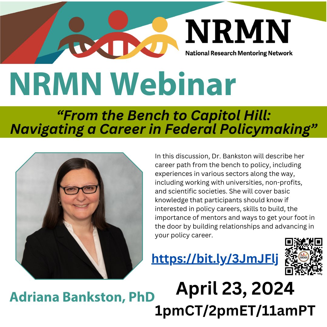 #NRMNwebinar 🏁 Happening this Wednesday! Don't forget to register! From The Bench to Capitol Hill: Navigating a Career in Federal Policymaking April 23, 2024 1pm(CT) Adriana Bankston, PhD bit.ly/3JmJFlj @AAAS @AdrianaBankston