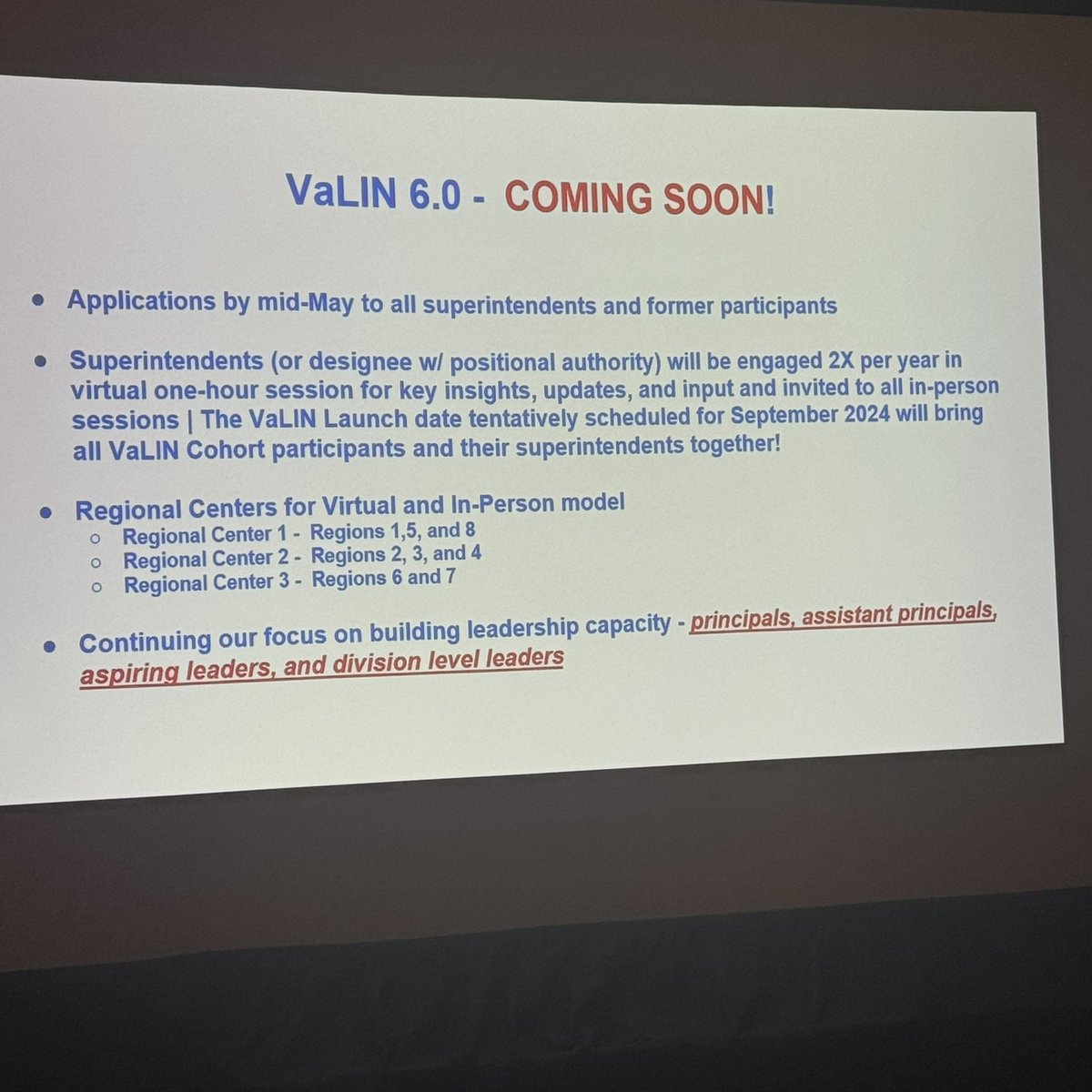 We are starting up the Va Leads Innovation Network #valin6.0 cohort If you are a supt, central office leader, building leader or teacher leader and want to know more, reach out to @gckeller1230 @VA_Partners4Edu @pammoran to learn more @vassnews #vass2024 conf prez today