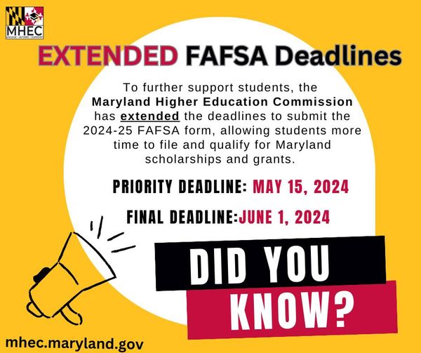 Remember to complete and submit your @FAFSA form by May 15th. By doing so, you'll be guaranteed to be awarded by @MDMHEC. Visit studentaid.gov to get started, and list a Maryland community college, university, or career school on the form! #FAFSA #MDFinancialAid