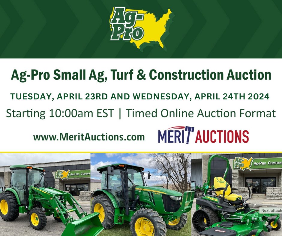 Big 2-Day Small Ag, Turf & Construction Online Auction tomorrow and Wednesday by @AgProCo w/ equipment and attachments from their OH, TN, GA and FL locations. Sale by Merit Auctions. Info/online bidding - Day 1: proxibid.com/Merit-Auctions… Day 2: proxibid.com/Merit-Auctions…