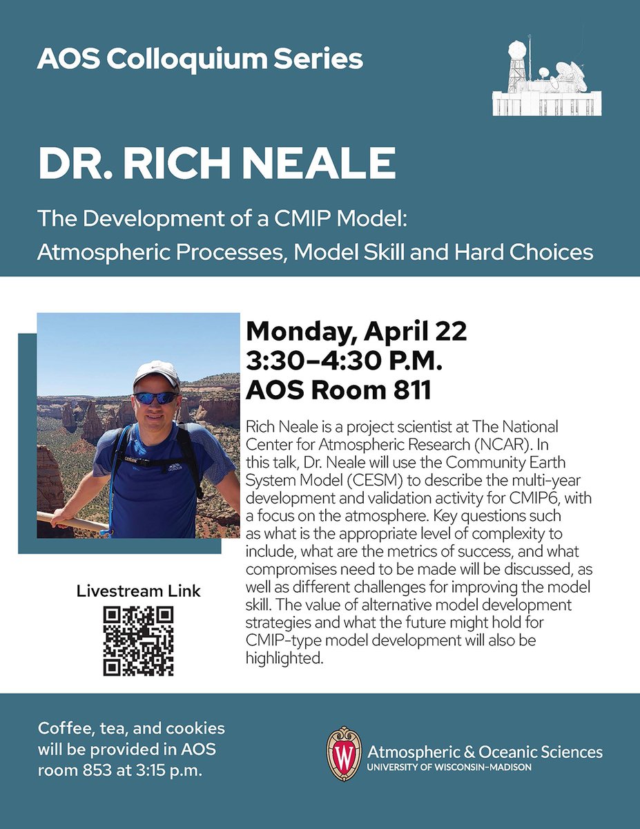 Join us today for our Colloquium Series at 3:30! Rich Neale, NCAR project scientist, will discuss 'The Development of a CMIP Model: Atmospheric Processes, Model Skill and Hard Choices.' Watch online: youtube.com/watch?v=gI8aDh…