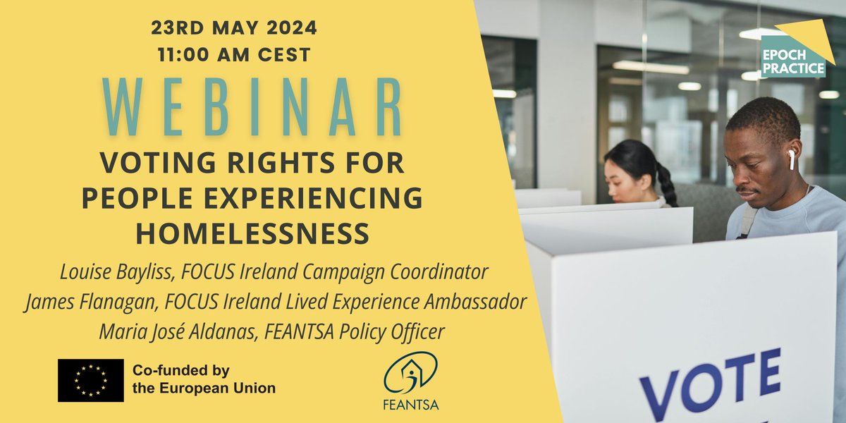 WEBINAR: Access to voting rights for people experiencing homelessness: On May 23, 2024, from 11:00 AM to 12:30 AM CEST. ➡️Focus Ireland will present their Voter Registration Drive Campaign Register: bit.ly/3WaEKLI