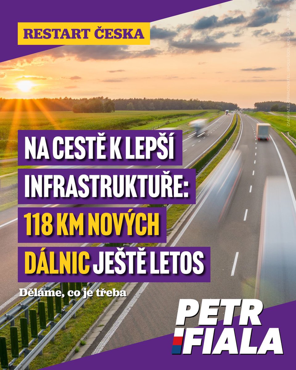 Tak rychle jako teď u nás dálnice nikdy nepřibývaly. Stavíme nebo připravujeme 800 kilometrů dálnic a celých 118 kilometrů otevřeme ještě letos.

Každý otevřený kilometr dálnice pomůže zvýšit konkurenceschopnost Česka. Navíc ale pomáhá především vám, občanům a firmám. Ať už