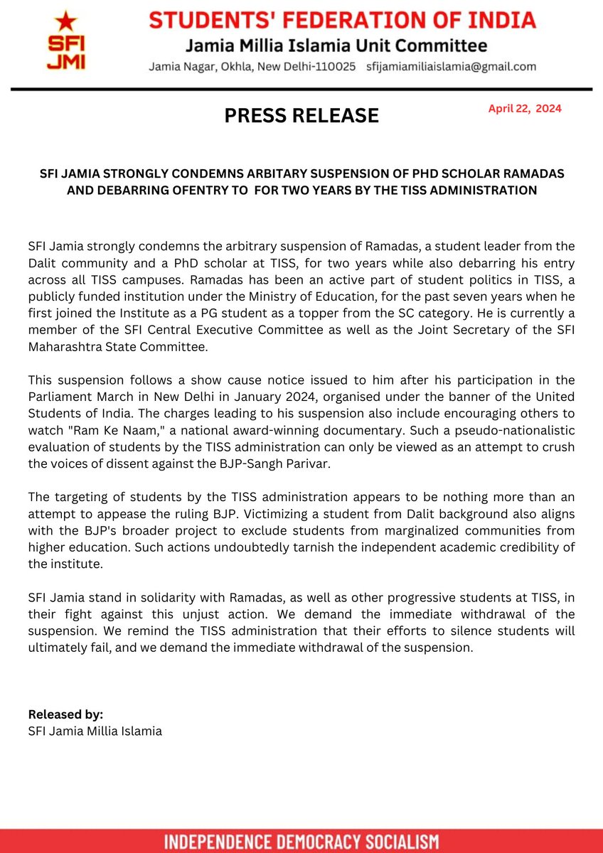 JmiSfi's tweet photo. PRESS RELEASE

22.04.2024

CONDEMNING THE ARBITRARY SUSPENSION OF DALIT PHD SCHOLAR RAMADAS AND DEBARRING FROM ALL TISS CAMPUSES FOR 2 YEARS BY THE TISS ADMINISTRATION.

BY
SFI JAMIA https://t.co/aQXra3e8SG